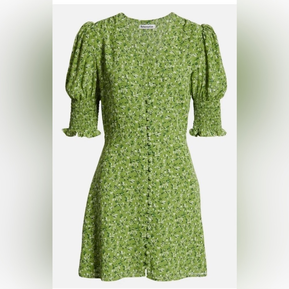Reformation Green Alison Floral Button Down Short Puff Sleeve Mini Sun Dress - Picture 14 of 14